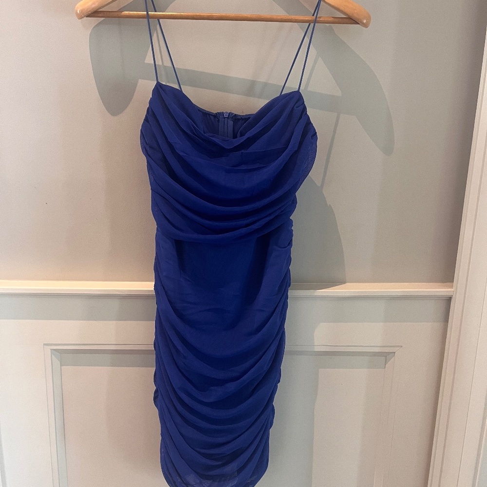 Blue Ruched mini dress, fully lined.